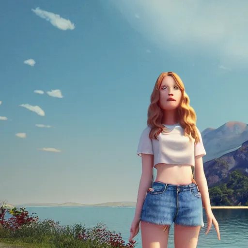 Prompt: a very beautiful girl, full body, long wavy blond hair, sky blue eyes, full round face, short smile, cute top, short jeans, summer lake setting, cinematic lightning, medium shot, mid-shot, highly detailed, trending on Artstation, Unreal Engine 4k, cinematic wallpaper by Stanley Artgerm Lau, WLOP, Rossdraws, James Jean, Andrei Riabovitchev, Marc Simonetti, and Sakimichan