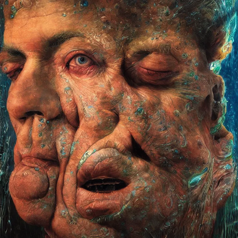 Image similar to Hyperrealistic intensely colored close up studio Photograph portrait of a deep sea bioluminescent Chad Everett, symmetrical face realistic proportions eye contact, sitting in His throne underwater, award-winning portrait oil painting by Norman Rockwell and Zdzisław Beksiński vivid colors high contrast hyperrealism 8k