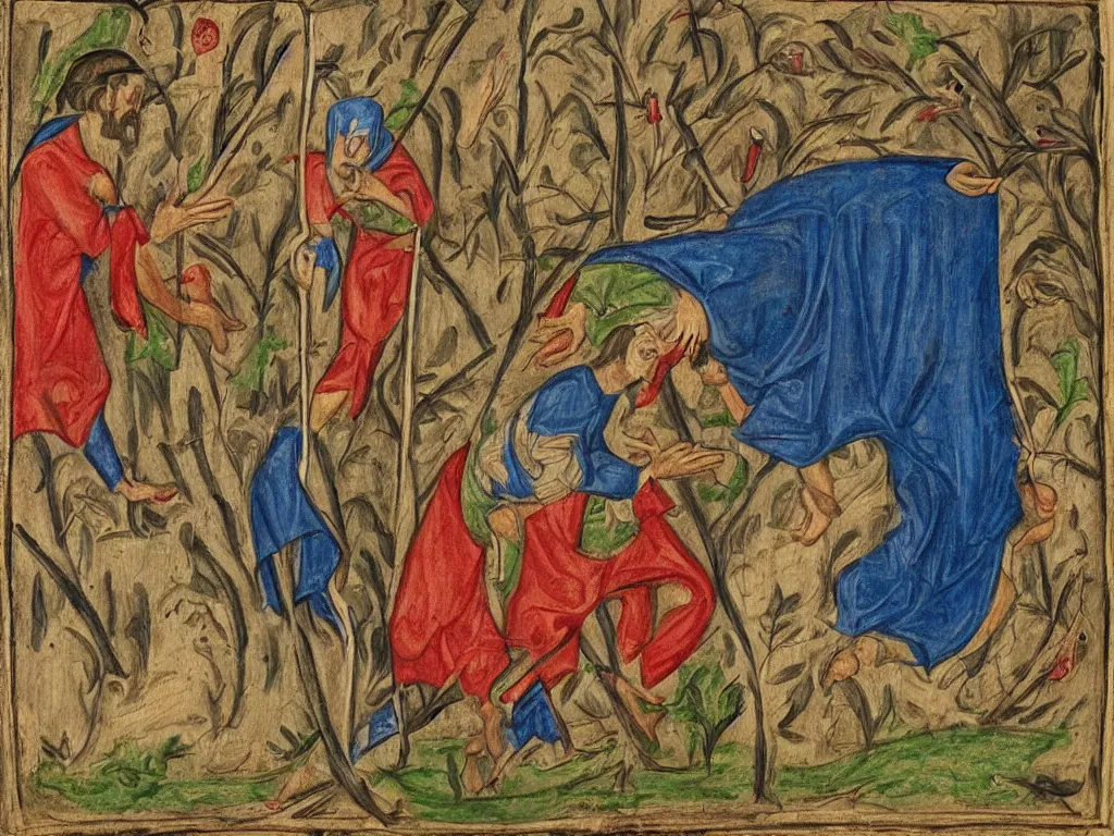 Image similar to man getting out of his grave. book of hours painting.