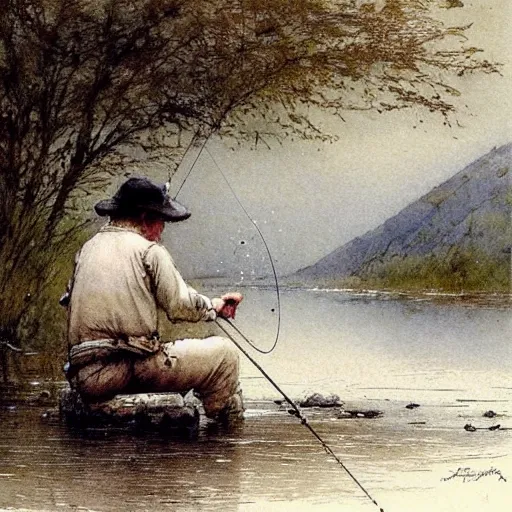 Image similar to ( ( ( ( ( fishing in a river, clear water. muted colors. ) ) ) ) ) by jean - baptiste monge!!!!!!!!!!!!!!!!!!!!!!!!!!!