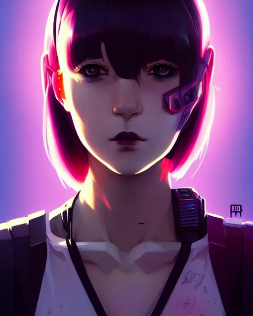 Image similar to a comic potrait of a cyberpunk cyborg girl with big and cute eyes, fine - face, realistic shaded perfect face, fine details. night setting. very anime style. realistic shaded lighting poster by ilya kuvshinov katsuhiro, magali villeneuve, artgerm, jeremy lipkin and michael garmash, rob rey and kentaro miura style, trending on art station