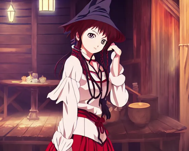 Image similar to key anime visual portrait of a young female witch in a tavern interior, dynamic pose, dynamic perspective, cinematic, dramatic lighting, muted colors, fine detail, textured