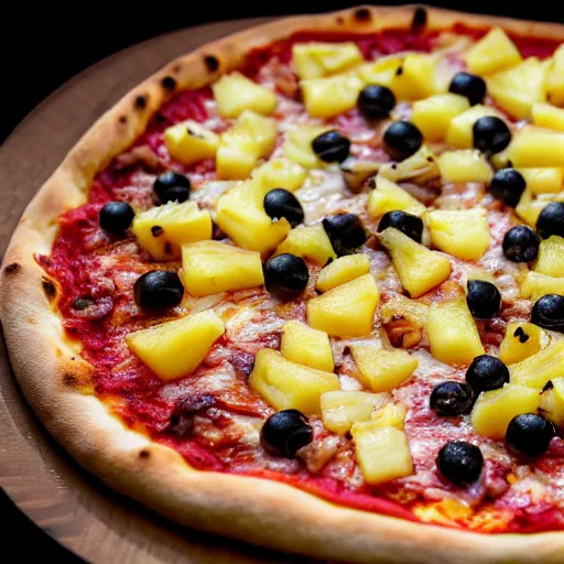 Image similar to pizza with pineapple toppings close up, 4 k, cinematic shot, photorealistic