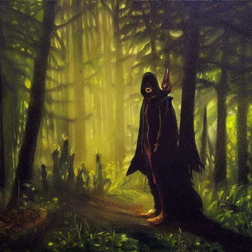 Prompt: warlock in the forest, realistic oil painting, dark light