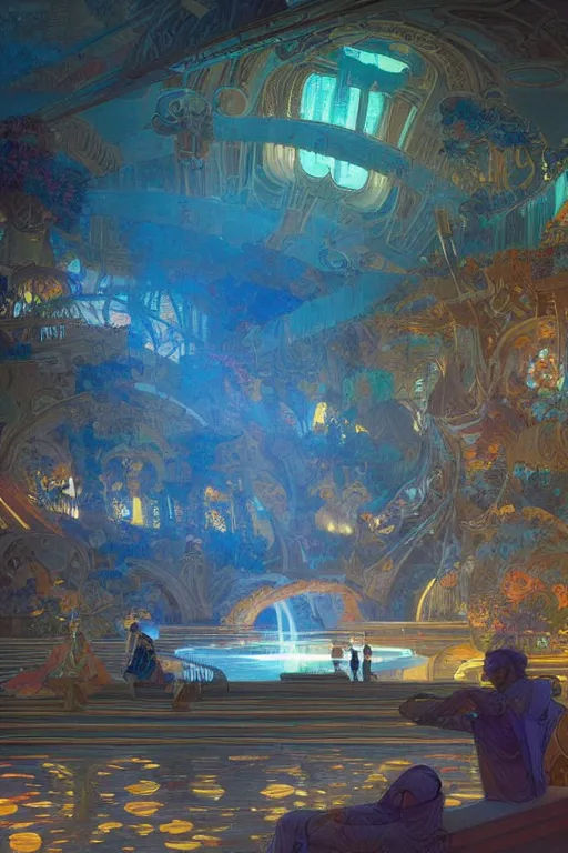 Prompt: Concept Digital Art Highly detailed Art Deco Cybertronian lazy river inside of the Palace of the Primes with glowing blue water at night by greg rutkowski, Ilya repin, alphonse mucha, and Edmund Blair Leighton. Very highly detailed 8K, octane, Digital painting, the golden ratio, rational painting