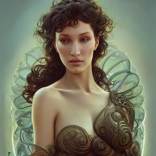 Image similar to ultra realistic illustration, bella hadid wearing a curly english mustache, intricate, elegant, highly detailed, digital painting, artstation, concept art, smooth, sharp focus, illustration, art by artgerm and greg rutkowski and alphonse mucha