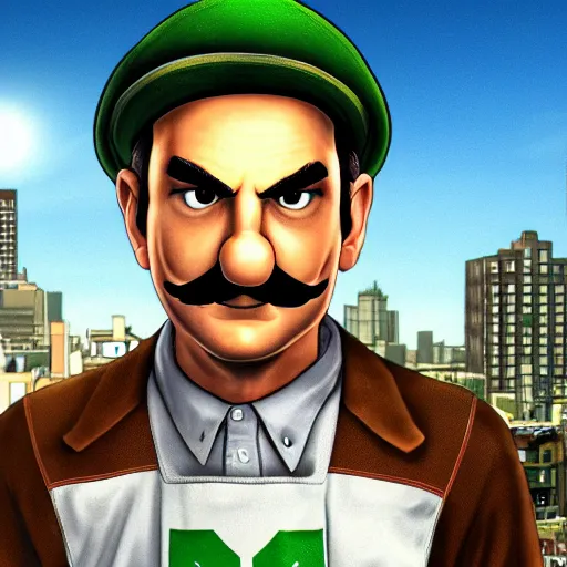 Image similar to luigi in the gta 4 loading screen ( high detailed )