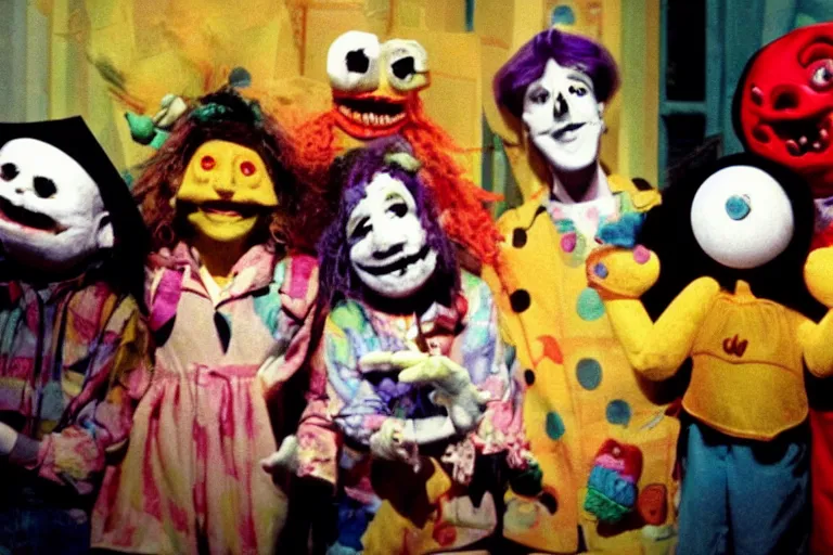 Image similar to a glitchy full color still from a weird live action 1 9 7 3 kids show about cheese death, puppets, fuzzy ghost, grunge, horror