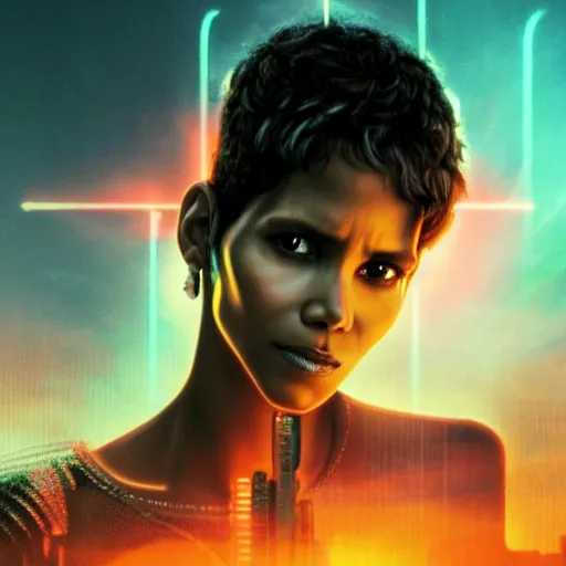 Prompt: beautiful Fine art photo of a young Halle Berry as a cyberpunk mayan robotic godess, photorealistic, centered, highly detailed, sunset lighting, in the movie Blade Runner 2049, 8k