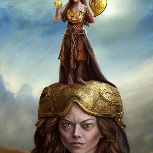 Image similar to tiny Emma Stone as ancient greek woman in golden helmet standing on giant grey-haired bearded male face in the sky, epic fantasy style art, fantasy epic digital art