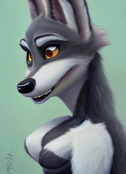 Image similar to oil painting of anthromorphic female wolf, in style of zootopia, female fursona, furry, furaffinity, 4 k, deviantart, furry art, fursona art, wearing black business suit, business suit, wolf fursona, female, very expressive detailed feminine face,