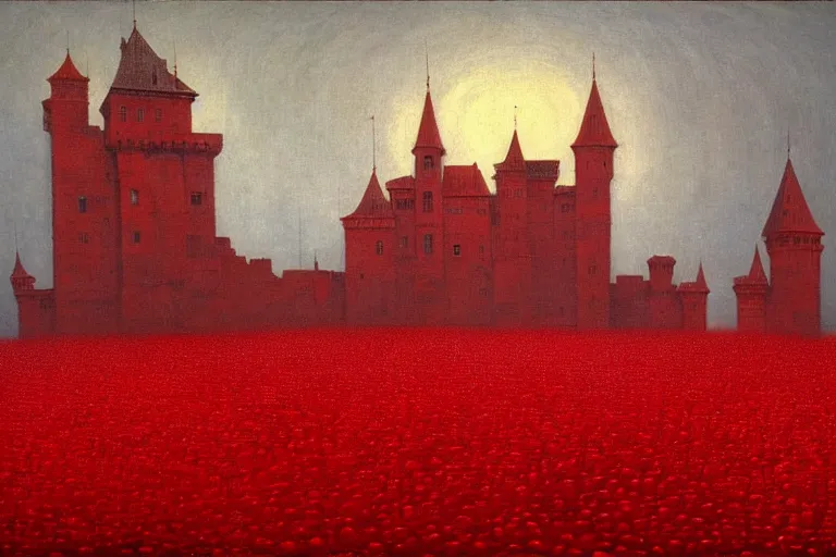 Image similar to only with red, red flowers of different types, a red tiger, a castle in the background, medieval demons dance over the flowers, an ancient path, in the style of beksinski, part by hopper, part by rodcenko, part by hofbauer, intricate composition, red by caravaggio, insanely quality, highly detailed, masterpiece, red light, artstation