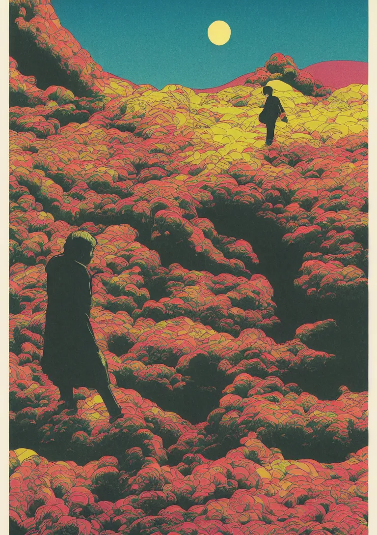 Image similar to a portrait style screenprint of a man eating a paper blotter tab of LSD acid and melting into a psychedelic landscape, risograph by kawase hasui, moebius, Edward Hopper and James Gilleard, Zdzislaw Beksinski, Steven Outram colorful flat surreal design, hd, 8k, artstation