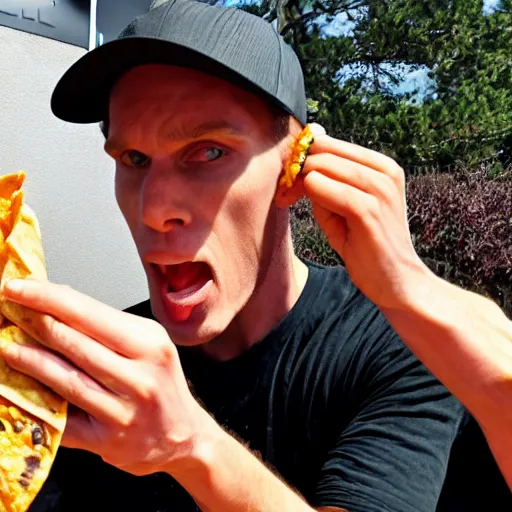 Image similar to Jerma eating a taco bell burrito like a snake, his jaw is unhinged and he has swallowed half of the burrito whole