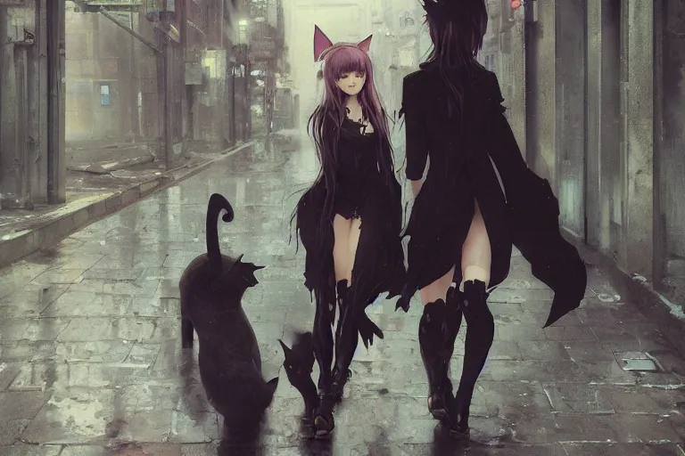 Image similar to woman with cat ears wearing a black lace dress and thigh highs walking in a depressing soviet city, expressive oil painting, digital anime art, highly detailed, character art, beautiful face, by yoshitaka amano, by greg rutkowski, by conrad roset, volumetrics, octane render, rainy street