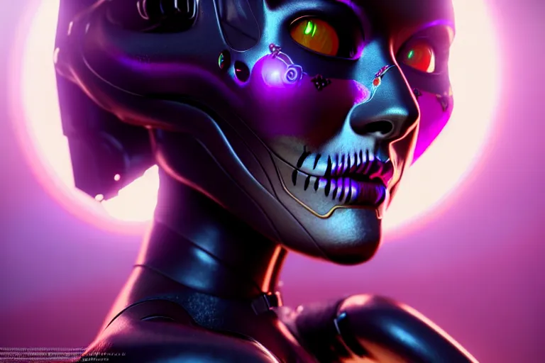 Image similar to ultra detailed female android, cinematic, 8 k, sci - fi movie!!, flowerpunk, sci - fi, fantasy, ( dia de los muertos ), asymmetrical!!, concept art, unreal engine, octane render, zbrush, art by artgerm and michael welan and alphonse mucha and loish and wlop