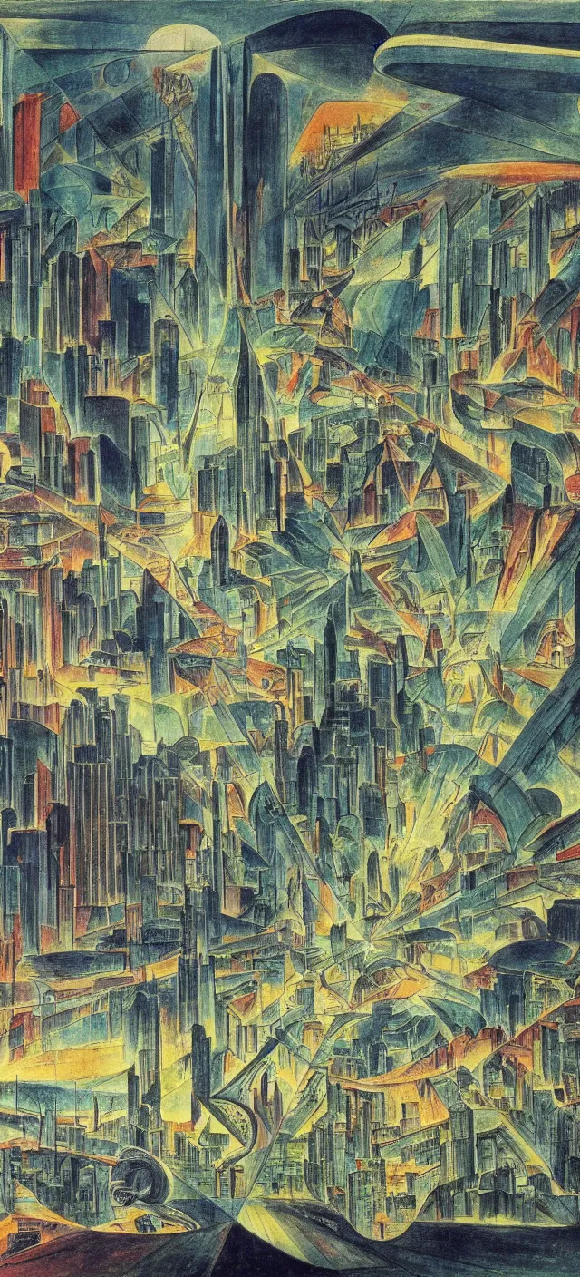 Prompt: a futuristic cityscape by william blake, colorful, wide greenways, half sky half city