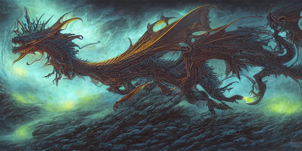 Prompt: bioluminescent space dragon by dan seagrave art