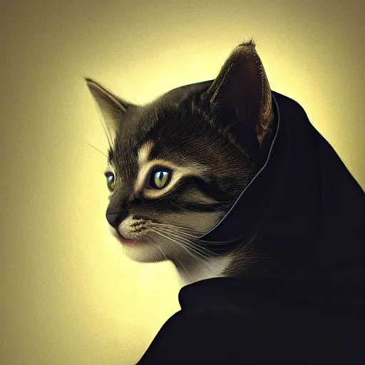 Image similar to a portrait of a kitten wearing a black hood, cloak covering face, anatomically correct, beautiful perfect face, enigmatic, oil painting, matte, black background, Volumetric dynamic lighting, Highly Detailed, Cinematic Lighting, Unreal Engine, 8k, HD, by Beksinski