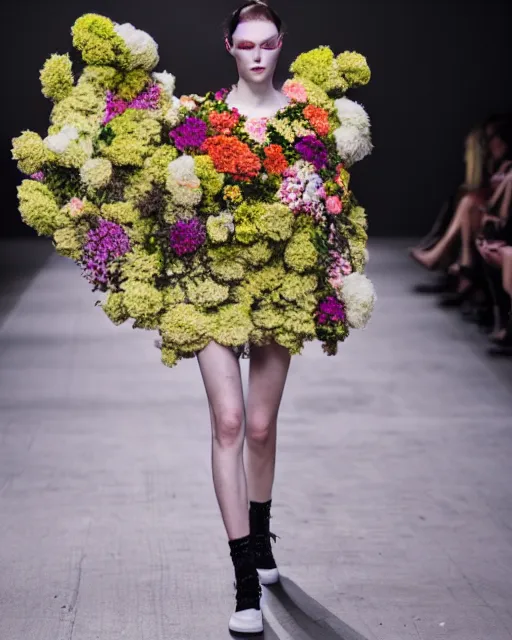 Image similar to olivia wearing an outfit made from flowers, catwalking at new york fashion week, attractive sporty physique, black hair, freckles, pale skin, photo by greg rutkowski, stage lighting, soft colors, female beauty, intricate detail, elegance, 3 5 mm, depth of field, masterpiece