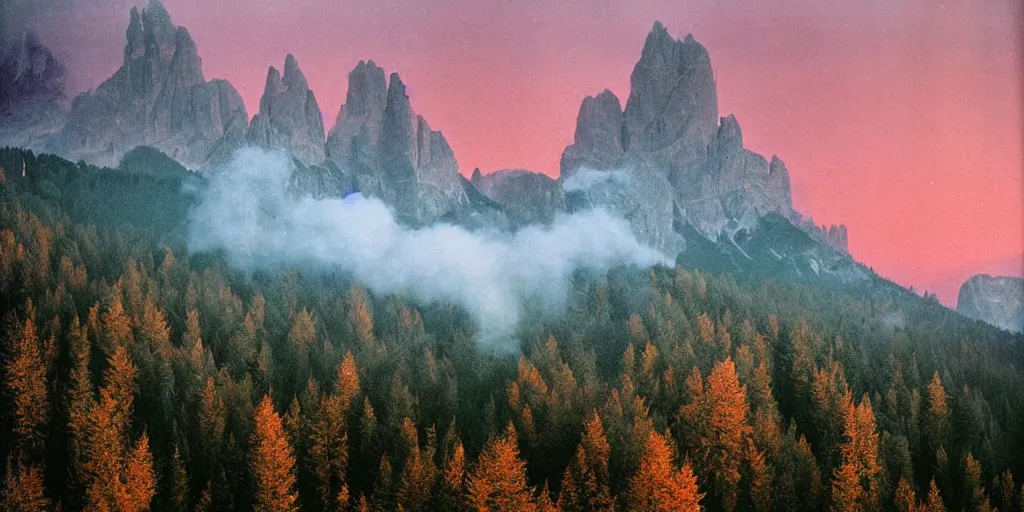 Prompt: 1 9 2 0 s color spirit photography 9 1 1 1 2 1 of alpine red sunrise in the dolomites, green lush root forest, smoke from mountains, roots, by william hope, beautiful, dreamy, grainy