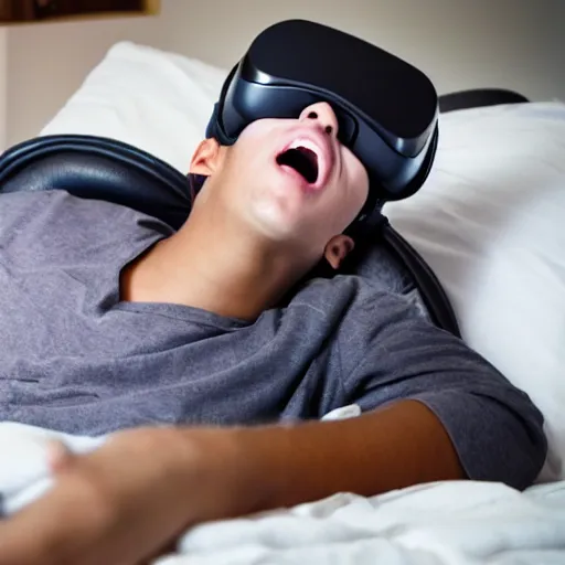 Image similar to a stock photo of a teenage boy laying in bed with a bunch of stuff wearing a VR-headset, featured on flickr, cluttered room