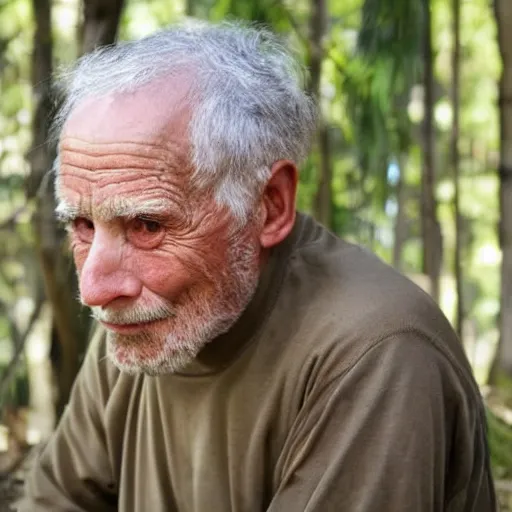 Prompt: an old man looking to sea from forest, animals in forest