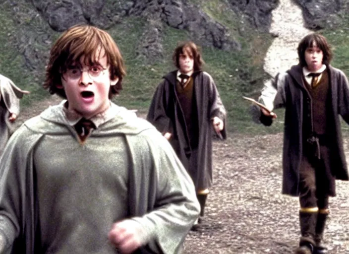 Prompt: harry potter in the lord of the ring (2001), screenshot