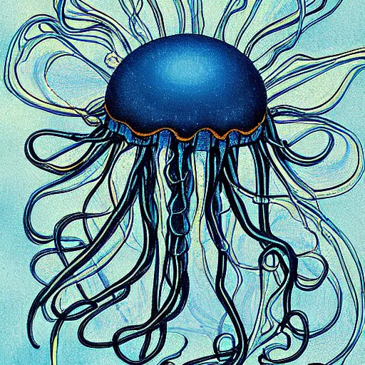 Image similar to a painting of a jellyfish in blue water, a digital painting by Earnst Haeckel, featured on deviantart, digital art, bioluminescence, luminescence, black background