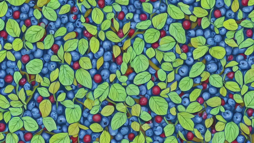 Image similar to artistic medium close-up of stylized digital drawing of bushes with blueberries in a forest. Digital art. Rustic. Nordic. 4K. Trending on artstation. Leafy. Extremely detailed. Nature. Artistic. Wild.