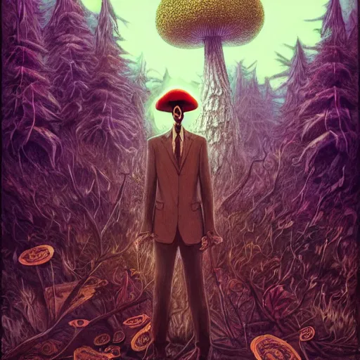 Image similar to a centered chest up portrait of a psychedelic demonic anthropomorphic forest animal in a suit smoking a hand - rolled cigarette smoking heavily, magic mushroom village in background. award winning. superb resolution. in the art style of junji ito and greg rutkowski. detailed mushroom city in background. hyper realistic anime. perfect art. dalle 2