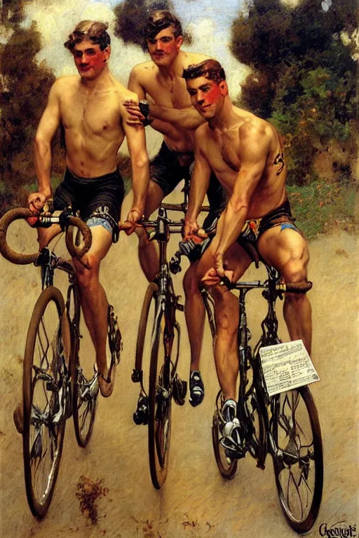 Image similar to handsome male cyclists, tour de france painting by gaston bussiere, craig mullins, j. c. leyendecker, tom of finland