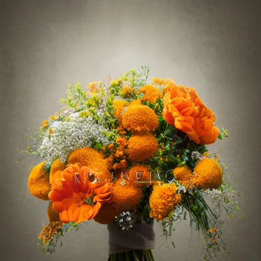 Image similar to a beautiful stunning fantasy matte digital painting of a bouquet made of orange roses and orange chrysanthemums and purple poppies and green eucalyptus and green flora, a photograph painted in the style of Bridal Magazine, professional floral arrangement, professional lighting, trending on artstation hq, contest winner