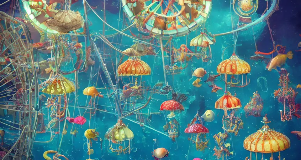 Image similar to underwater carnival, ferris wheel made of jellyfish, seahorse carousel, fish rides, beautiful, artstation, highly detailed,