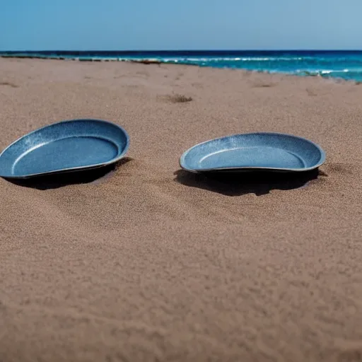 Image similar to distorted woks, placed on a sandy beach, with ocean in the background, photorealistic, 8k