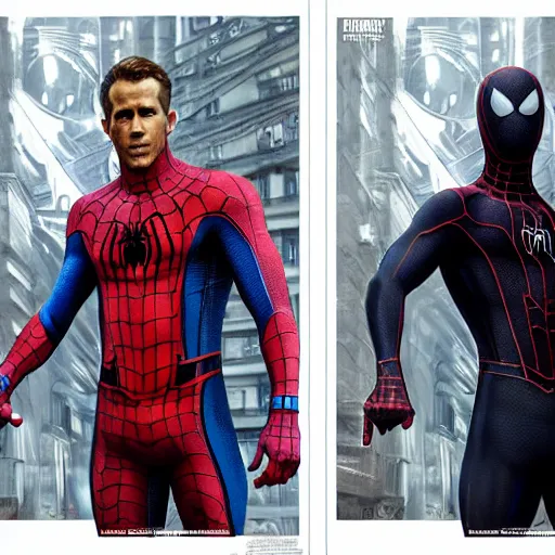 Image similar to ryan reynolds as a black and blue suit spider - man, cinematic, volumetric lighting, f 8 aperture, cinematic eastman 5 3 8 4 film, photorealistic by greg rutkowski, by stanley artgerm, by alphonse mucha