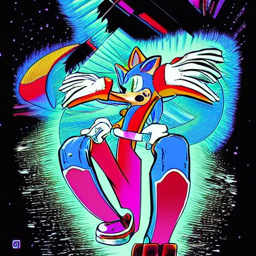 Image similar to a drawing of sonic the hedgehog in the style of jean giraud, artwork by josan gonzalez!!!!, vaporwave aesthetic!!!!