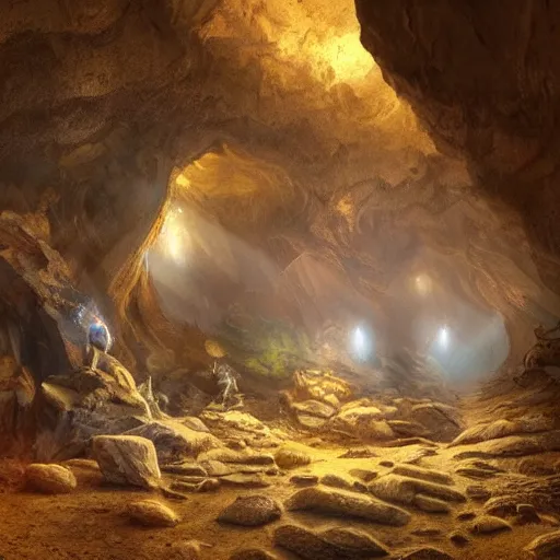 Image similar to beautiful matte painting of a cave with glowing crystals on the walls and bone piles on the floor, fantasy, sharp focus