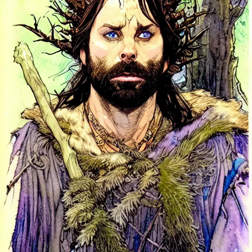 Image similar to a realistic and atmospheric watercolour fantasy character concept art portrait of charlie day as a druidic warrior wizard looking at the camera with an intelligent gaze by rebecca guay, michael kaluta, charles vess and jean moebius giraud