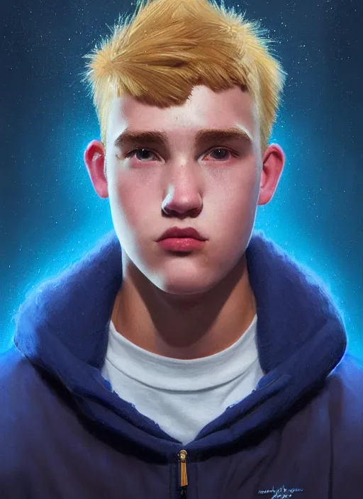 Image similar to portrait of high school senior boy named big moose, blonde short hair, jock, beefy, wide face, square jaw, square facial structure, blue varsity jacket with his name, intricate, elegant, glowing lights, highly detailed, digital painting, artstation, concept art, sharp focus, illustration, art by wlop, mars ravelo and greg rutkowski