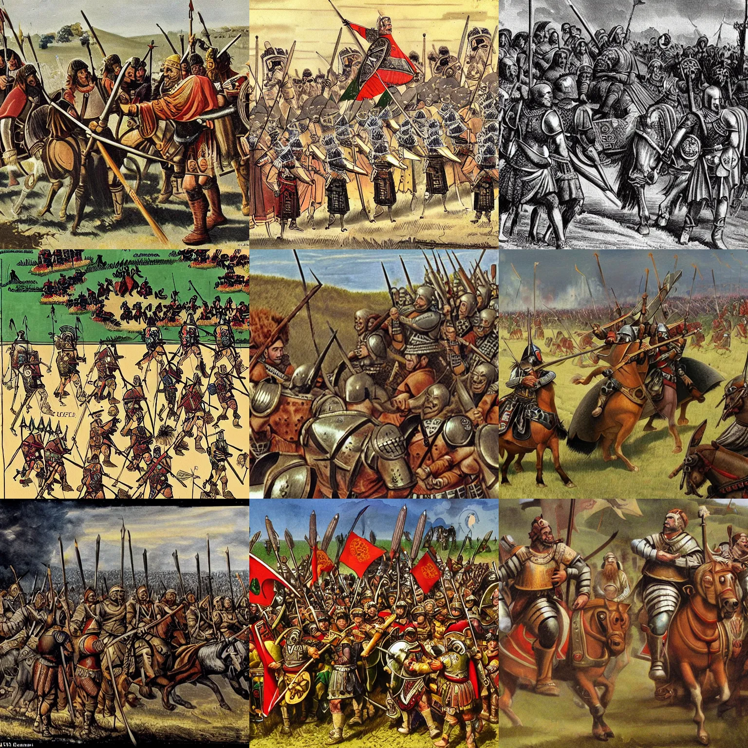 Prompt: the year was 8 9 5 and old magyar conquerors have invaded pannonia along with contingents of orcs and goblins riding horses, wargs and bats