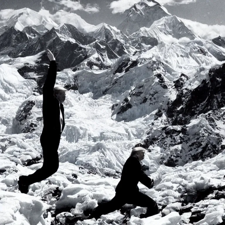 Prompt: historic photo of Donald Trump doing the macarena on top of mount everest.