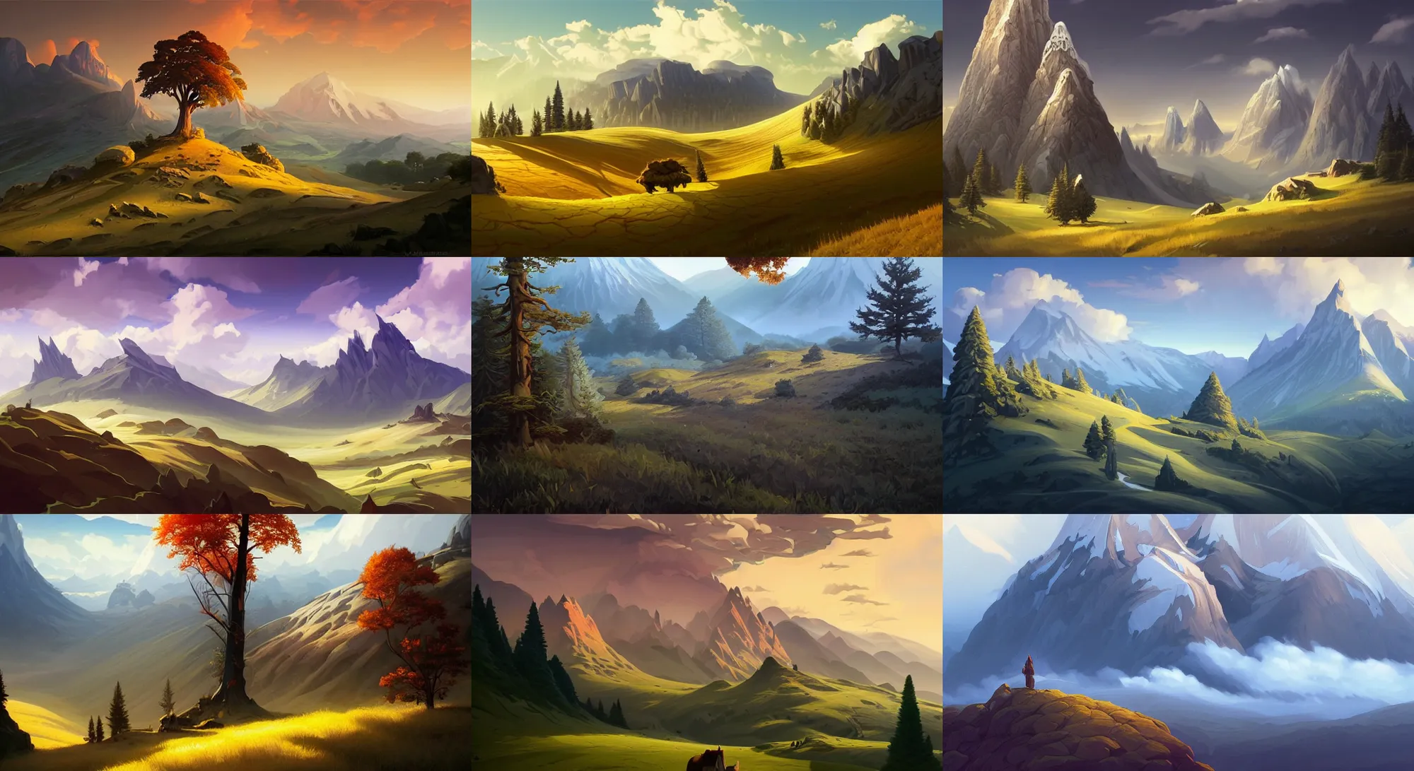 Image similar to mountain landscape without people, high trees, top of the hill, above low layered clouds, deep focus, fantasy, intricate, elegant, highly detailed, digital painting, artstation, concept art, matte, sharp focus, illustration, hearthstone, art by rhads and artgerm and greg rutkowski and alphonse mucha.