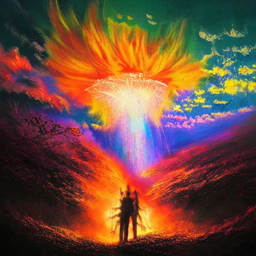 Image similar to nuclear explosion, acrilic paint, digital, artstation, detailed intricate ink illustration, heavenly atmosphere, digital art, overdetailed art, concept art, complementing colors, trending on artstation, cgstudio, the most beautiful image ever created, dramatic, subtle, details, award winning artwork, beautiful scenery