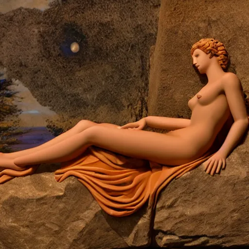 Prompt: photograph of Helen of Troy reclining on a rock,award winning, 4k, 135mm nikon