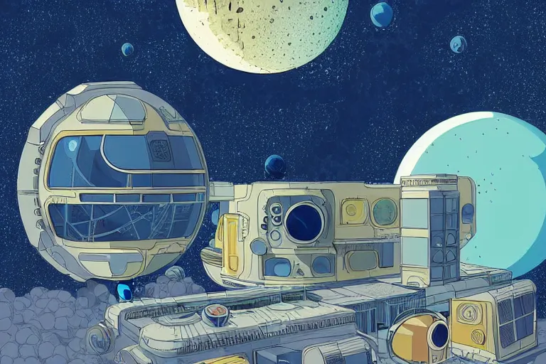 Prompt: a scifi illustration, hyper detailed external view of a lunar colony. cinematic wes anderson composition. flat colors, limited palette in FANTASTIC PLANET La planète sauvage animation by René Laloux