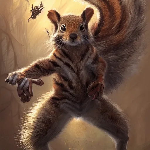 Image similar to Squirrel/tiger, magic the gathering artwork, horror, D&D, fantasy, cinematic lighting, centered, symmetrical, highly detailed, digital painting, artstation, concept art, smooth, sharp focus, illustration, volumetric lighting, epic Composition, 8k, art by Akihiko Yoshida and Greg Rutkowski and Craig Mullins, oil painting, cgsociety