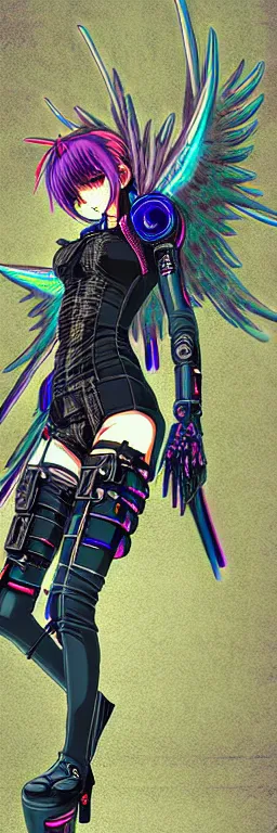 Image similar to anime cyberpunk dark fantasy gothic art, cute and beautiful full body female damaged cyborg - angel in the style of stand alone complex, akira, durararara, red blue purple black fade, intense watery glowing red and blue eyes, cinematic lighting, highly intricate detailed, wavy hair, advanced digital anime art, wlop and rossdraws and sakimimichan