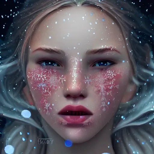 Image similar to pretty snowflakes morphing coalescing into face. artstation award cgsociety