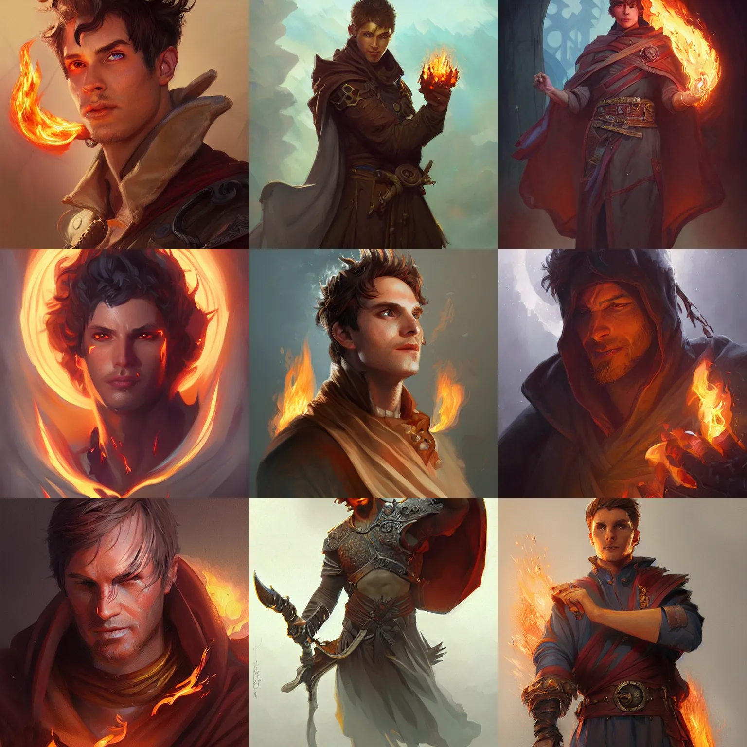 Prompt: male pyromancer, fantasy, D&D, portrait, highly detailed, digital painting, artstation, concept art, sharp focus, illustration, art by artgerm and greg rutkowski and alphonse mucha